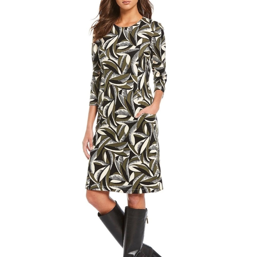 NWT J.McLaughlin Catalyst Pop Feather Print 3/4 Sleeve Sheath Dress Size Large
